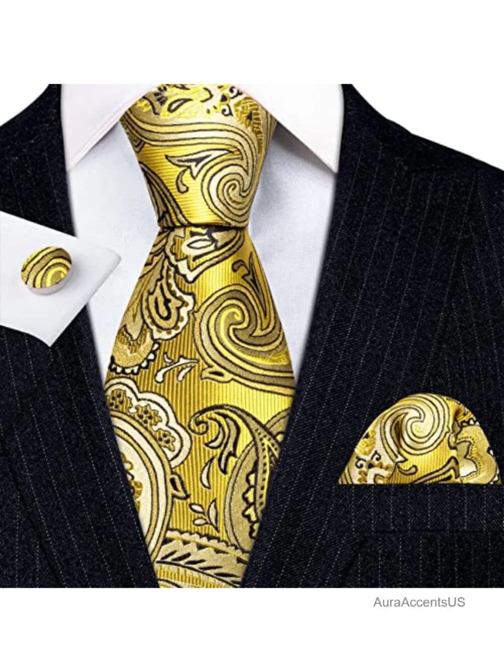 Men's Silk Tie Set with Pocket Square & Cufflinks - Woven Jacquard, Gift Box
